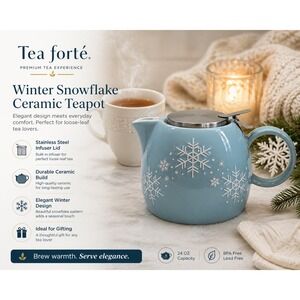 Tea Forte PUGG Ceramic Teapot Blue Snowflake Winter Holiday with Infuser 15oz